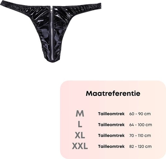 Heren Slip met Rits - Latex Look - String Zwart - Sexy Design - Mannen String - Ondergoed Maat L