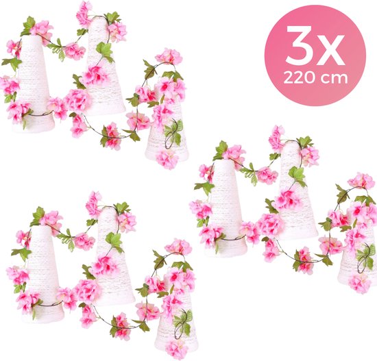 3 Stuks - Bloemenslinger Fiets Roze 6,5 Meter - 3x 220 Centimeter - Stijlvolle Bloemenstreng voor Fietsmand, Stuur, Balkon of Interieur - Bloemen - Plastic Kunstbloemen Fiets Slinger - Klimop met Bloemen