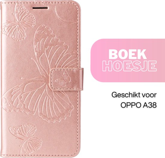 [EOL] Hoesje Vlinders Roze - Geschikt voor OPPO A38  - Portemonnee Book Case - Boekje Met Kaarthouder / Pasjeshouder en Magneetsluiting - Booklet Beschermhoes - Boekhoesje met Draagkoord