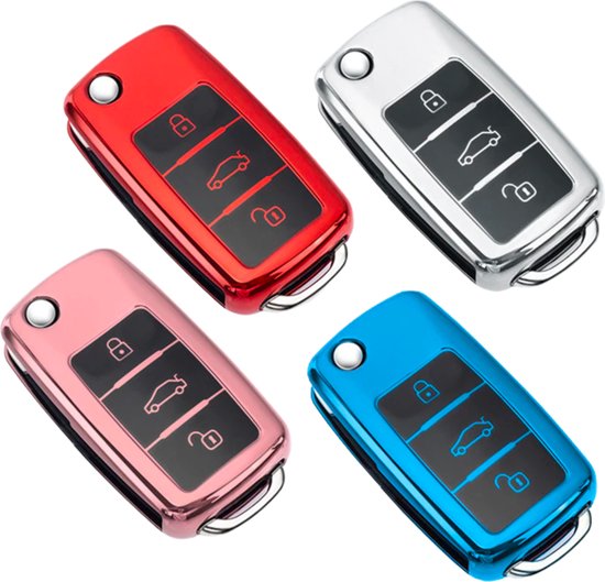 Zachte TPU Sleutelcover - Metallic Chroom Blauw - Sleutelhoesje Geschikt voor Volkswagen Golf / Polo / Tiguan / Up / Passat / Seat Leon / Seat Mii / Skoda Citigo - Sleutel Hoesje Cover - Auto Accessoires