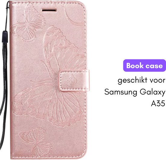 Hoesje Vlinders Roze - Geschikt voor Samsung Galaxy A35 - Portemonnee Book Case - Boekje Met Kaarthouder / Pasjeshouder en Magneetsluiting - Booklet Beschermhoes - Boekhoesje met Draagkoord
