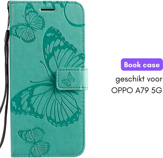 Hoesje Vlinders Groen geschikt voor OPPO A79 5G - Portemonnee Book Case - Boekje Met Kaarthouder / Pasjeshouder en Magneetsluiting - Booklet - Wallet Beschermhoes - Telefoonhoesje