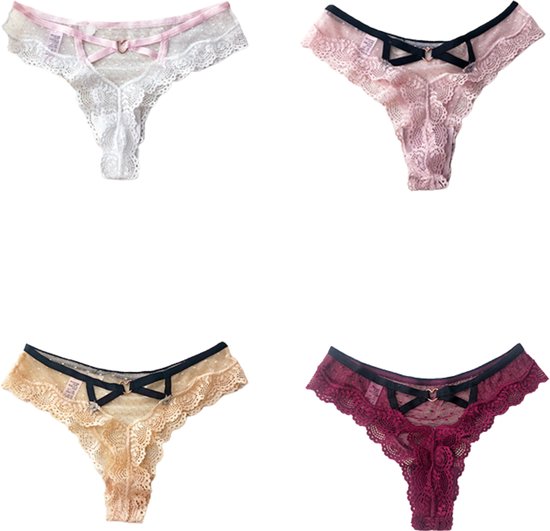 Sexy String met Open Rug - Roze en Zwart - Luxe Design met Kant - Dames String - Lingerie / Ondergoed - Maat M