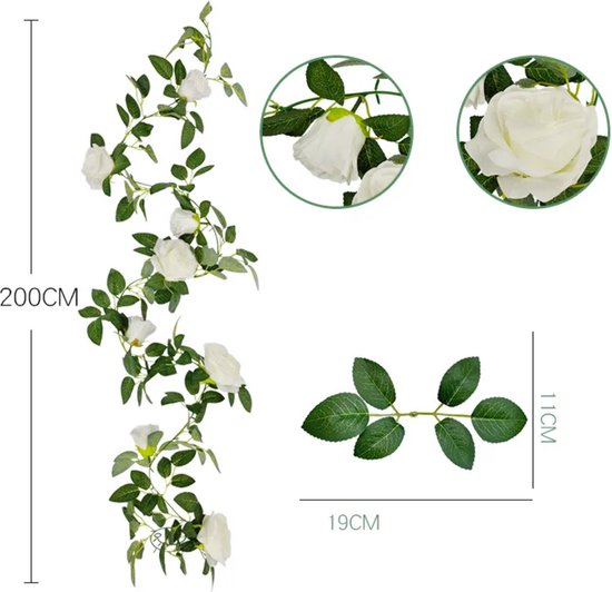 Luxe Bloemenslinger Roos - Realistische Witte Rozen - Grote Stijlvolle Bloemenstreng - Voor Interieur, Fietsmand of Stuur - 200 CM Bloemen Roze - Plastic Kunstbloemen Fiets Slinger Tak