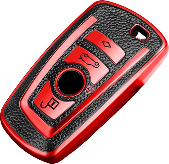 Zachte TPU Sleutelcover - Metallic Rood en Zwart Leer - Sleutelhoesje Geschikt voor BMW 1 serie / 3 serie / 5 Serie / 7 Serie / X1 / X3 / X4 / X5 / F20 / F30 / F31 / F34 / M - Flexibele Sleutel Cover - Sleutel Hoesje - Auto Accessoires