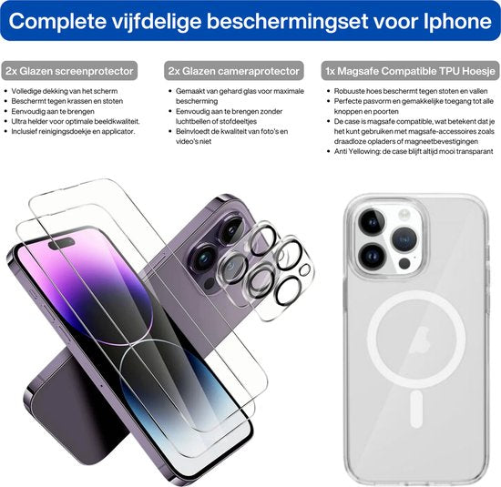 [5 in 1] Magnetisch Hoesje voor iPhone 16 Pro - 2 Screenprotectors - 2 Camera Lens Protectors - Stevig Doorzichtig TPU Magneet Hoesje - Tempered Glass Scherm Protector