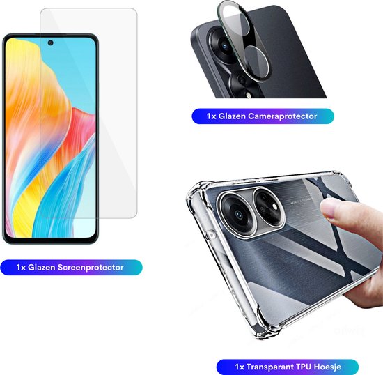 3 in 1 Set Geschikt voor OPPO A58 - Transparant Hoesje + Screenprotector + Cameraprotector - Doorzichtige Shockproof TPU Case - Tempered Glass Screen Protector - Glazen Camerabeschermer - Set van 3