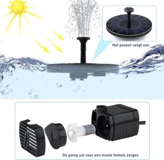 Solar Fountain - Fontein op Zonne Energie - Zwart - Geschikt voor Vijver/Zwembad/Vogelbad/Tuin - Milieuvriendelijke Solar Fontein