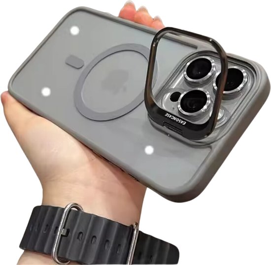 Ultra Shockproof Hoesje - Geschikt voor Apple Iphone 15 - Transparant Natural Titanium - Met Camera Protectors en Statief - Magneet Ring Hoesje - Anti Yellowing Achterkant - Magneet Compatible