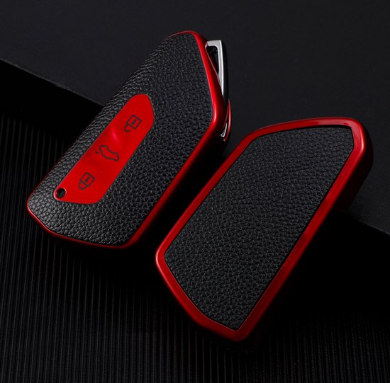 Zachte TPU Sleutelcover - Sleutelhoesje Geschikt voor Volkswagen Golf 8 / ID3 / ID4 / ID5 / ID6 / Seat Leon 2020 / Skoda Octavia 2021 - Rood - Zwart Leer Look - Sleutel Hoesje Cover - Auto Accessoires