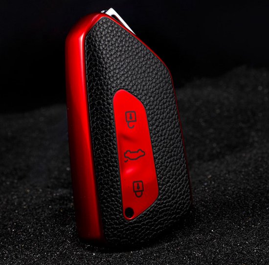 Zachte TPU Sleutelcover - Sleutelhoesje Geschikt voor Volkswagen Golf 8 / ID3 / ID4 / ID5 / ID6 / Seat Leon 2020 / Skoda Octavia 2021 - Rood - Zwart Leer Look - Sleutel Hoesje Cover - Auto Accessoires