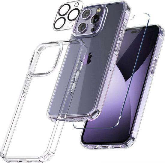 3 in 1 Set Geschikt voor iPhone 14 Pro - Transparant Hoesje + Screenprotector + Cameraprotector - Doorzichtige Shockproof TPU Case - Tempered Glass Screen Protector - Glazen Camerabeschermer - Set van 3 Delen