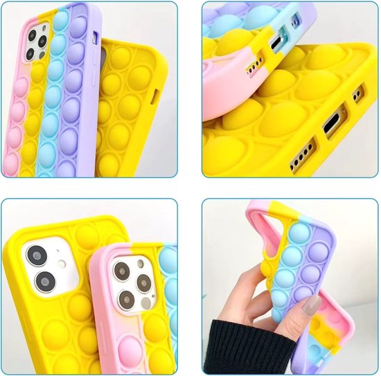 Pop It Telefoonhoesje - Geschikt voor Apple iPhone 11 - Anti-stress Hoesje - Blauw Oranje Wit Kleuren - Zacht Siliconen Materiaal - Schokbestendig - Met Camera Bescherming - Fidget Toy Hoesje