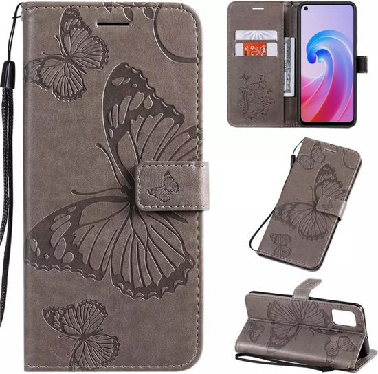 [EOL] Hoesje Vlinders Grijs - Geschikt voor OPPO A76 / A96 - Portemonnee Book Case - Boekje Met Kaarthouder / Pasjeshouder en Magneetsluiting - Booklet Beschermhoes voor Pasjes