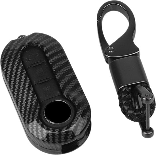 Premium Sleutelcover - Gloss Carbon Look - Sleutelhoesje Geschikt voor Fiat 500 / 500L / 500X / 500C / Panda / Punto / Stilo / Abarth / 595 - Sleutel Case met Sleutelhanger - Key Cover - Auto Accessoires