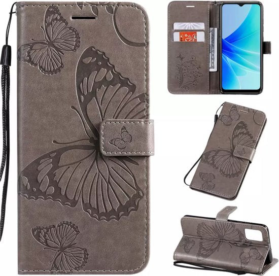 Hoesje Vlinders Grijs - Geschikt voor OPPO A57 / A57s - Portemonnee Book Case - Boekje Met Kaarthouder / Pasjeshouder en Magneetsluiting - Booklet Beschermhoes - Boekhoesje