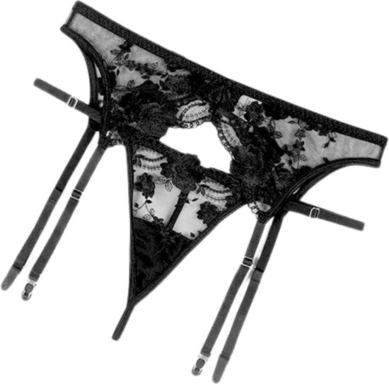 Set van String en Jarretelgordel - Zwart - met Kant en Rozen - Verstelbare Bandjes - Sexy Dames Lingerie - Ondergoed - Maat XL