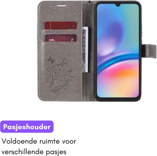 Hoesje Vlinders Grijs geschikt voor Samsung Galaxy A05s - Portemonnee Book Case - Boekje Met Kaarthouder / Pasjeshouder en Magneetsluiting - Booklet - Wallet Beschermhoes - Telefoonhoesje