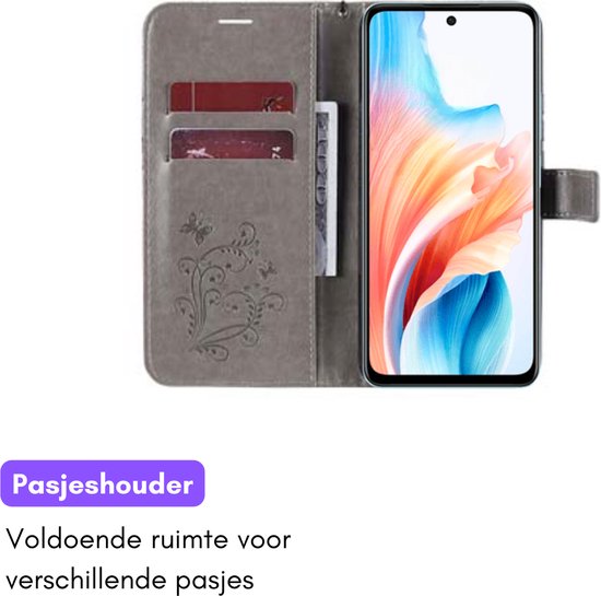 Hoesje Vlinders Grijs geschikt voor OPPO A79 5G - Portemonnee Book Case - Boekje Met Kaarthouder / Pasjeshouder en Magneetsluiting - Booklet - Wallet Beschermhoes - Telefoonhoesje