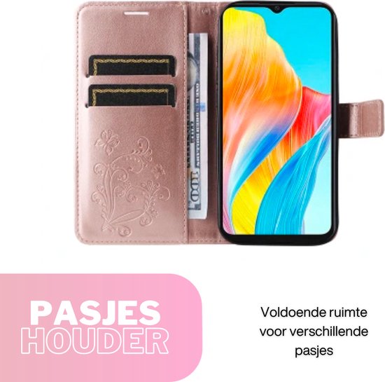 [EOL] Hoesje Vlinders Roze - Geschikt voor OPPO A38  - Portemonnee Book Case - Boekje Met Kaarthouder / Pasjeshouder en Magneetsluiting - Booklet Beschermhoes - Boekhoesje met Draagkoord