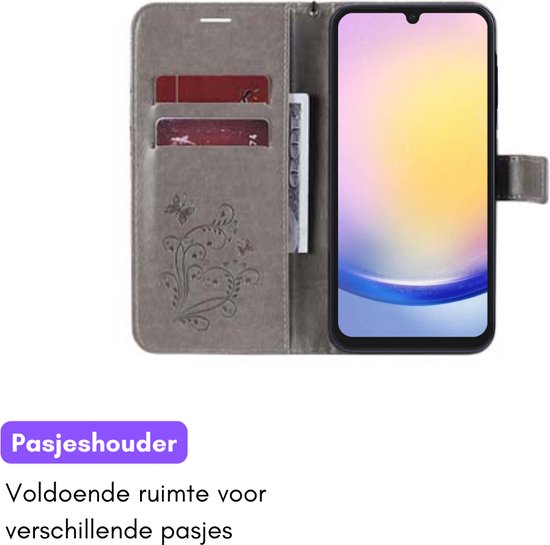 Hoesje Vlinders Grijs - Geschikt voor Samsung Galaxy A25 - Portemonnee Book Case - Boekje Met Kaarthouder / Pasjeshouder en Magneetsluiting - Booklet Beschermhoes - Boekhoesje met Draagkoord