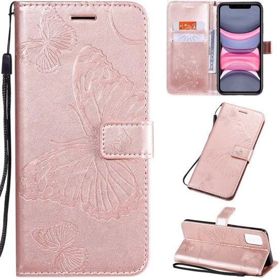 Hoesje Vlinders Roze - Geschikt voor Apple iPhone 11 - Portemonnee Book Case - Boekje Met Kaarthouder / Pasjeshouder en Magneetsluiting - Booklet Beschermhoes - Boekhoesje met Draagkoord