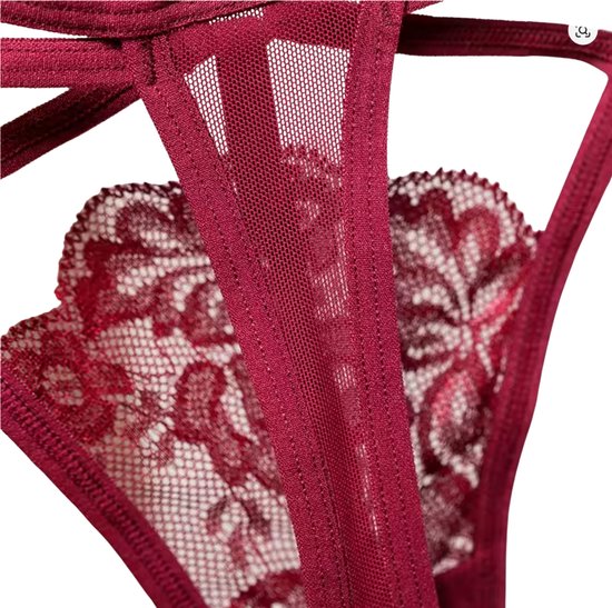 Sexy Kanten String – Bordeaux - Open Design met Bandjes - Comfortabel, Ademend, Sexy en Zacht Dames Ondergoed - One Size - Perfecte Pasvorm