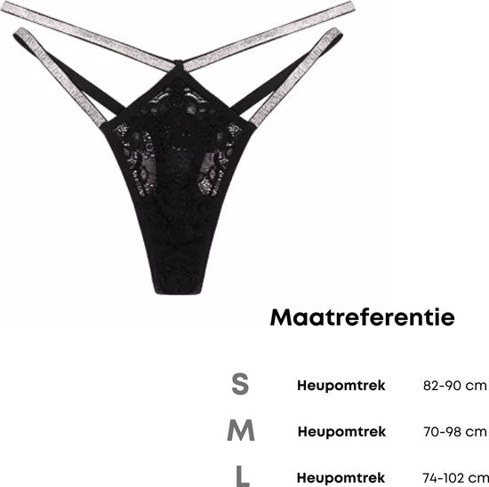 Sexy String met Open Achterkant - Zwart met Zilveren Bandjes - Design met Kant - Dames String - Lingerie / Ondergoed - Maat M