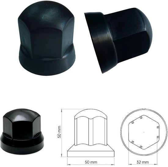 Vrachtwagen Wielmoerdoppen Zwart - 100 Stuks - 50 mm x 32 mm - Kunststof - Wiel Moer Cover Caps - Bescherming Voor Wielmoeren - Wieldoppen - Geschikt Voor Vrachtwagen / Trucks / Aanhanger / Bus / Trailer - Voertuig accessoires
