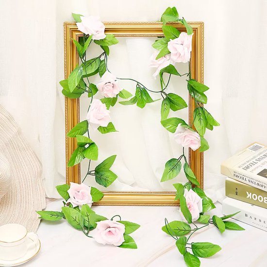 Bloemenslinger met 9 Rozen Lichtroze - Stijlvolle Bloemenstreng voor Decoratie, Fietsmand of Stuur - 240 CM Bloemen - Plastic Kunstbloemen Fiets Slinger