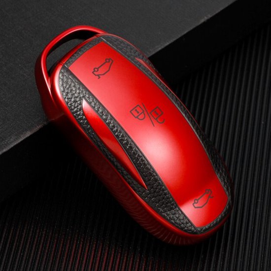 TPU Sleutelcover - Sleutelhoesje Geschikt voor Tesla Model 3 / Model S / Model Y - Metallic Rood en Zwart Leer - Flexibele Sleutel Cover - Zacht Hoesje - Auto Accessoires