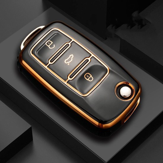 Zachte TPU Sleutelcover - Zwart Goud Metallic - Sleutelhoesje Geschikt voor Volkswagen Golf / Polo / Tiguan / Up / Passat / Seat Leon / Skoda Citigo - Sleutel Hoesje Cover - Randen Goud - Auto Accessoires