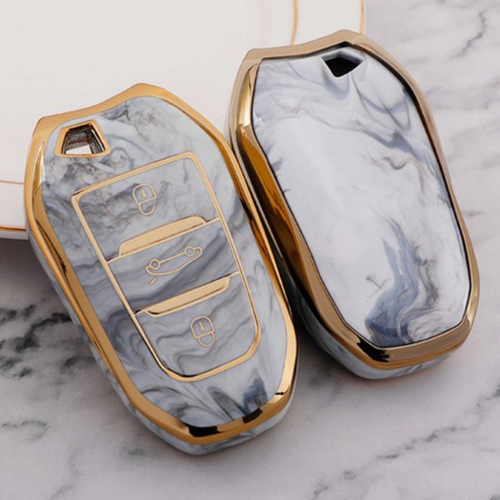 Zachte TPU Sleutelcover - Geschikt voor Peugeot / DS - Grijs Marmer & Goud - Sleutel Hoesje Cover Geschikt voor Peugeot 3008 / 308 / 408 / 4008 / 508 / 5008 / 2008 / Citroën C4 / C5 / C6 / DS3 / DS4 / DS5 - Randen Goud - Auto Accessoires