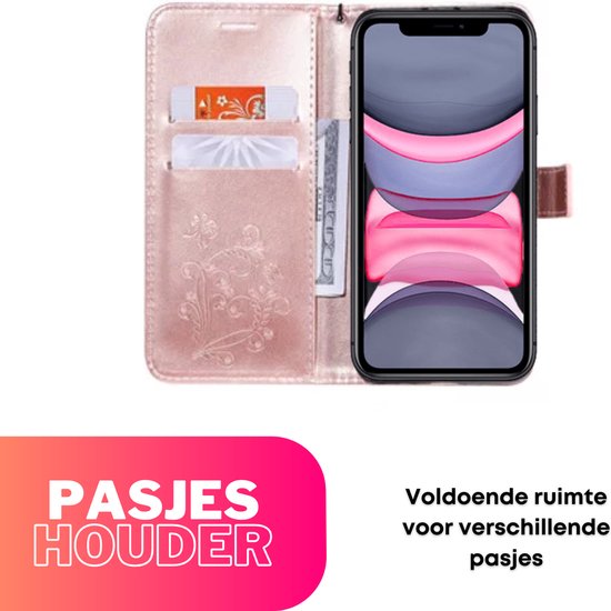 Hoesje Vlinders Roze - Geschikt voor Apple iPhone 11 - Portemonnee Book Case - Boekje Met Kaarthouder / Pasjeshouder en Magneetsluiting - Booklet Beschermhoes - Boekhoesje met Draagkoord
