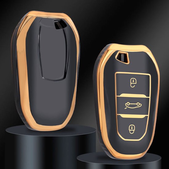 Zachte TPU Sleutelcover - Geschikt voor Peugeot / DS - Zwart Goud Metallic - Sleutel Hoesje Cover Geschikt voor Peugeot 3008 / 308 / 408 / 4008 / 508 / 5008 / 2008 / Citroën C4 / C5 / C6 / DS3 / DS4 / DS5 - Randen Goud - Auto Accessoires