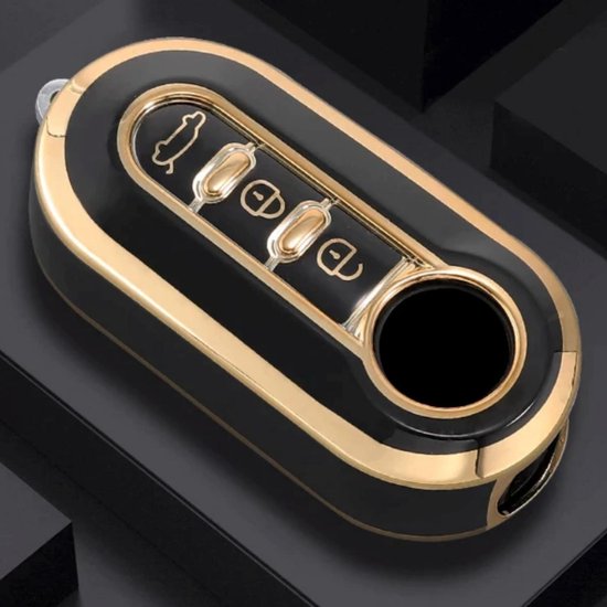 Zachte TPU Sleutelcover - Zwart Goud Metallic - Sleutelhoesje Geschikt voor Fiat 500 / 500L / 500X / 500C / Panda / Punto / Stilo - Sleutel Hoesje Cover - Auto Accessoires