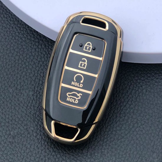 Zachte TPU Sleutelcover - Zwart Goud Metallic - Sleutelhoesje Geschikt voor Hyundai Kona / i30 / iX35 / Encino / Solaris / Santa FE / Azera / Grandeur / Veloster / Kona EV - Sleutel Hoesje Cover - Auto Accessoires