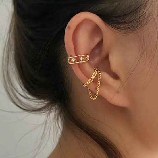 Set van 2 - Fake Helix Goud - Kettinkje - Nep Piercing - Klem Oorbellen Oorpiercing - Nep Helix - Ringetje Goud - Metaal