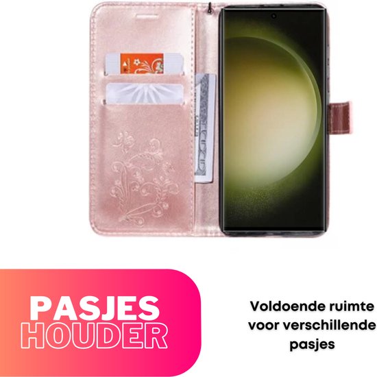 [EOL] Hoesje Vlinders Roze - Geschikt voor Samsung Galaxy S23 Ultra - Portemonnee Book Case - Boekje Met Kaarthouder / Pasjeshouder en Magneetsluiting - Booklet - Wallet Beschermhoes - Telefoonhoesje