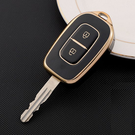 Zachte TPU Sleutelcover - Geschikt voor Renault / Dacia - Metallic Zwart Goud - Sleutelhoesje Geschikt voor Renault Clio / Captur / Scenic / Laguna / Duster / Logan / Sandero - Flexibele Sleutel Cover - Sleutel Hoesje - Auto Accessoires