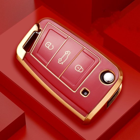 Zachte TPU Sleutelcover - Rood & Goud Metallic - Sleutelhoesje Geschikt voor Volkswagen Golf / Tiguan - Seat Leon / Ateca / Ibiza - Skoda Kodiaq / Octavia / Karoq - Sleutel Hoesje Cover - Randen Goud - Auto Accessoires