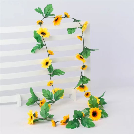 Bloemenslinger Fiets en Interieur - Zonnebloemen Geel Oranje - Stijlvolle Bloemenstreng voor Fietsmand of Stuur - 250 CM Bloemen - Plastic Kunstbloemen Fiets Slinger