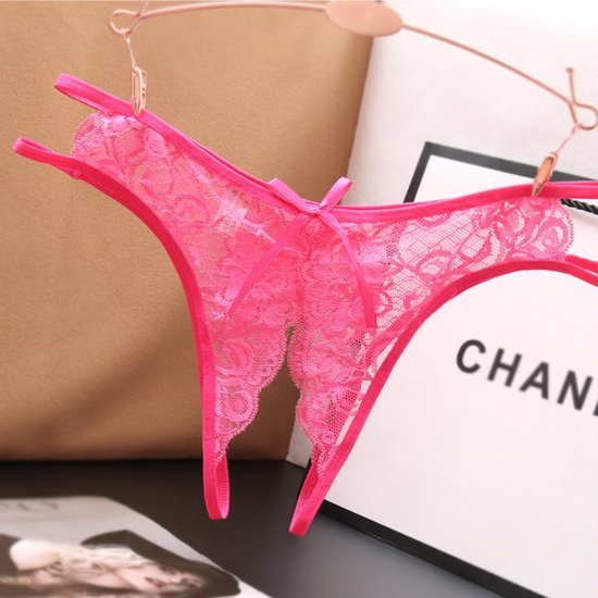 Sexy String met Open Kruis - Roze - Ontwerp met Kant - Erotisch Design met Strik - One Size String - Dames Onderbroek - Lingerie / Ondergoed