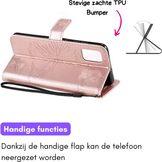 Hoesje Vlinders Roze - Geschikt voor Samsung Galaxy A25 - Portemonnee Book Case - Boekje Met Kaarthouder / Pasjeshouder en Magneetsluiting - Booklet Beschermhoes - Boekhoesje met Draagkoord