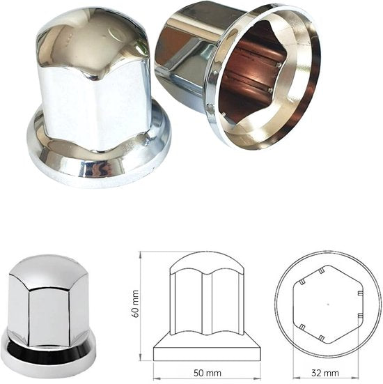 Vrachtwagen Wielmoerdoppen Chroom - 100 Stuks - 60 mm x 32 mm - Kunststof - Wiel Moer Cover Caps - Bescherming Voor Wielmoeren - Wieldoppen - Geschikt Voor Vrachtwagen / Trucks / Aanhanger / Bus / Trailer - Voertuig accessoires