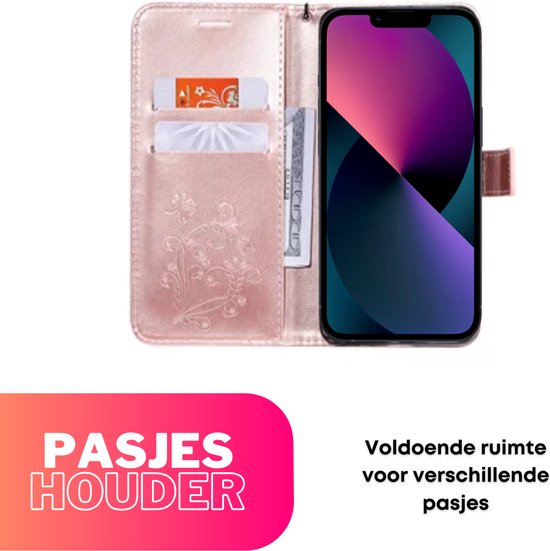 Hoesje Vlinders Roze - Geschikt voor Apple iPhone 13 / 14 - Portemonnee Book Case - Boekje Met Kaarthouder / Pasjeshouder en Magneetsluiting - Booklet Beschermhoes - Boekhoesje met Draagkoord