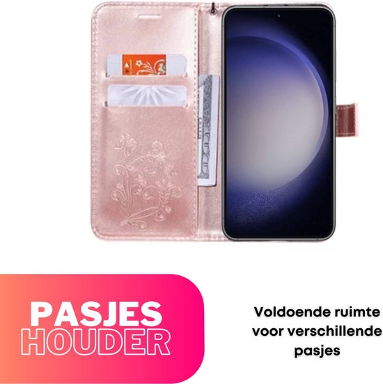 Hoesje Vlinders Roze - Geschikt voor Samsung Galaxy S23+ / S23 Plus - Portemonnee Book Case - Boekje Met Kaarthouder / Pasjeshouder en Magneetsluiting - Booklet - Wallet Beschermhoes - Telefoonhoesje