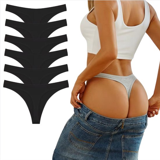 6 Pack - Comfortabele String Zwart - Zachte Strings - Sexy Dames Ondergoed - Vrouwen - Onderbroek Set - Lingerie - Maat S