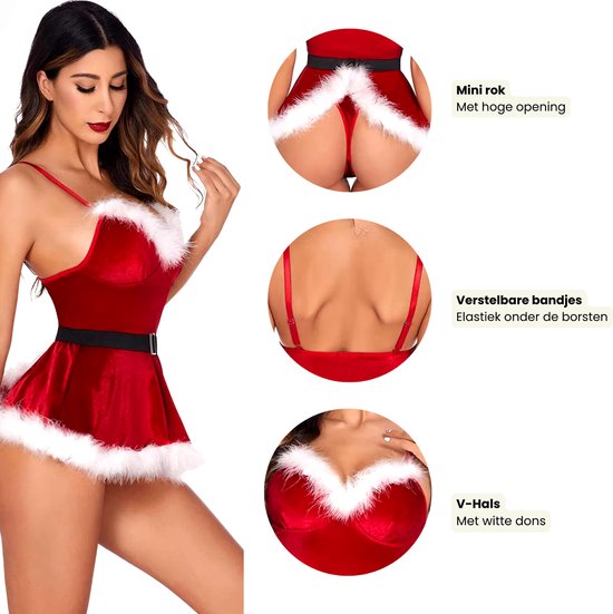 Sexy Kerstjurkje Dames - Kerstpakje - 3 Delig met Jurkje, String en Riem - Rood met Witte Dons - Kerst Lingerie - Erotische Kerst Outfit - Kerstvrouw - Kant - Maat XXXL