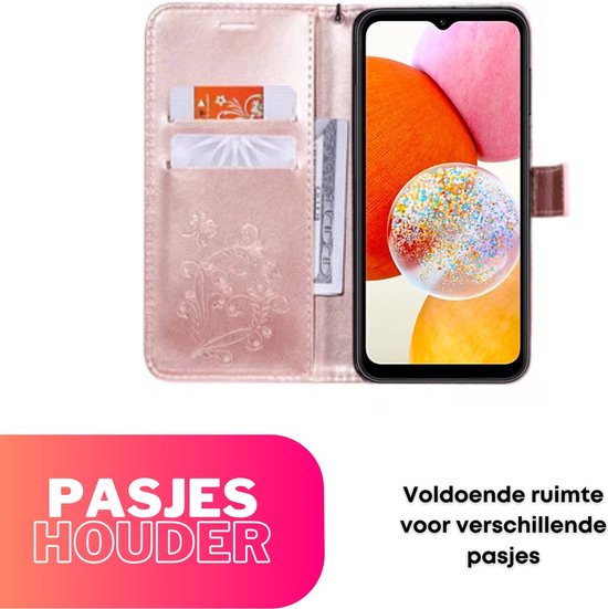 Hoesje Vlinders Roze - Geschikt voor Samsung Galaxy A14 - Portemonnee Book Case - Boekje Met Kaarthouder / Pasjeshouder en Magneetsluiting - Booklet - Wallet Beschermhoes - Telefoonhoesje